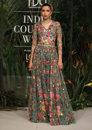 Varun Bahl-Sage Green Embroidered Gown-INDIASPOPUP.COM