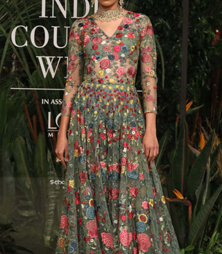 Varun Bahl-Sage Green Embroidered Gown-INDIASPOPUP.COM