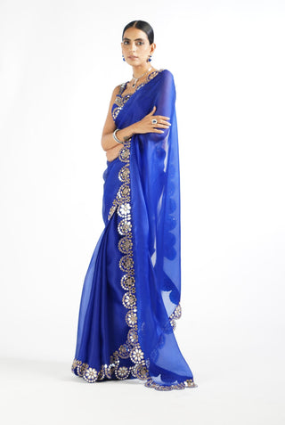 Vvani By Vani Vats-Royal Blue Mirror Scallop Saree With Blouse-INDIASPOPUP.COM