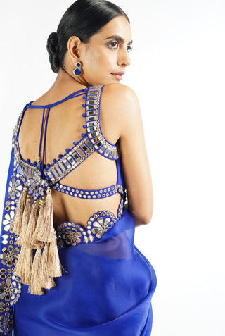 Vvani By Vani Vats-Royal Blue Mirror Scallop Saree With Blouse-INDIASPOPUP.COM