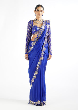 Vvani By Vani Vats-Royal Blue Mirror Saree With Blouse-INDIASPOPUP.COM