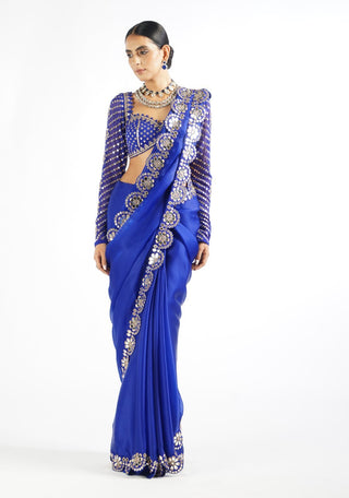 Vvani By Vani Vats-Royal Blue Mirror Saree With Blouse-INDIASPOPUP.COM