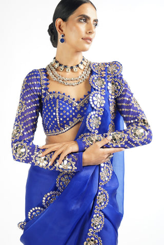 Vvani By Vani Vats-Royal Blue Mirror Saree With Blouse-INDIASPOPUP.COM