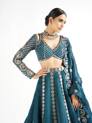 Vvani By Vani Vats-Dark Teal Flower Linear Lehenga Set-INDIASPOPUP.COM