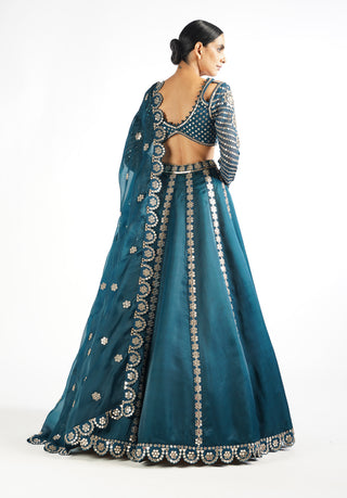 Vvani By Vani Vats-Dark Teal Flower Linear Lehenga Set-INDIASPOPUP.COM