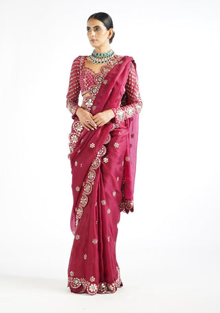 Vvani By Vani Vats-Mellow Wine Mirror Scallop Saree With Blouse-INDIASPOPUP.COM