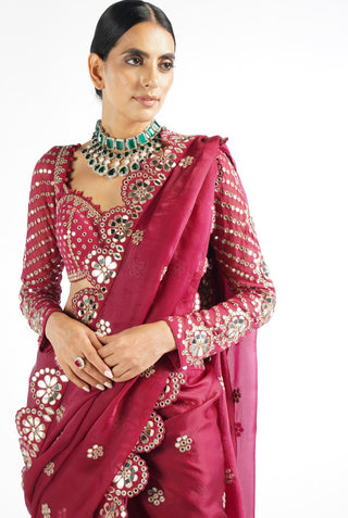 Vvani By Vani Vats-Mellow Wine Mirror Scallop Saree With Blouse-INDIASPOPUP.COM