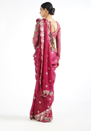 Vvani By Vani Vats-Mellow Wine Mirror Scallop Saree With Blouse-INDIASPOPUP.COM