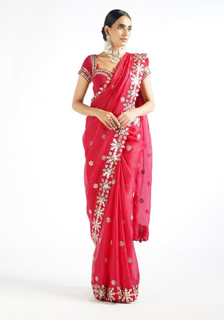 Vvani By Vani Vats-Crimson Red Mirror Saree With Blouse-INDIASPOPUP.COM
