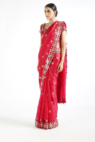 Vvani By Vani Vats-Crimson Red Mirror Saree With Blouse-INDIASPOPUP.COM