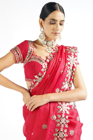 Vvani By Vani Vats-Crimson Red Mirror Saree With Blouse-INDIASPOPUP.COM