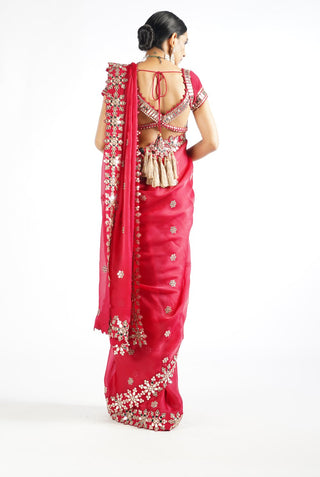 Vvani By Vani Vats-Crimson Red Mirror Saree With Blouse-INDIASPOPUP.COM