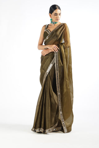 Vvani By Vani Vats-Olive Green Mirror Saree With Blouse-INDIASPOPUP.COM