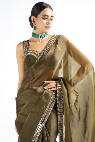 Vvani By Vani Vats-Olive Green Mirror Saree With Blouse-INDIASPOPUP.COM