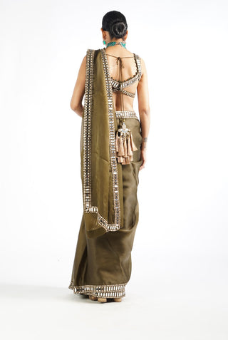 Vvani By Vani Vats-Olive Green Mirror Saree With Blouse-INDIASPOPUP.COM