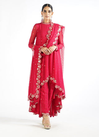 Vvani By Vani Vats-Crimson Red Scallop Pant Kurta Set-INDIASPOPUP.COM