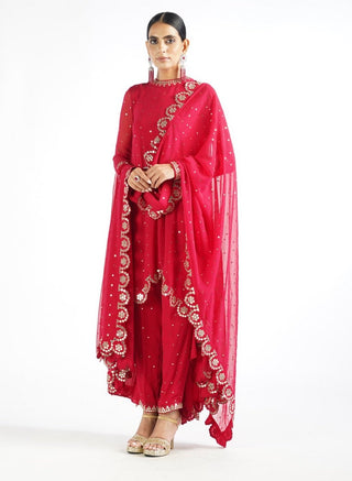 Vvani By Vani Vats-Crimson Red Scallop Pant Kurta Set-INDIASPOPUP.COM