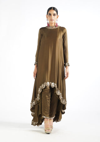 Vvani By Vani Vats-Olive Green Scallop Kurta With Pant-INDIASPOPUP.COM