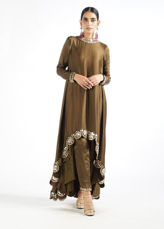 Vvani By Vani Vats-Olive Green Scallop Kurta With Pant-INDIASPOPUP.COM