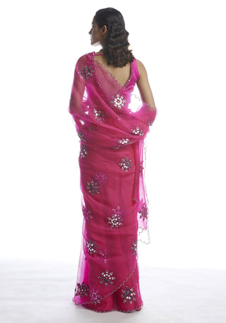 Vvani By Vani Vats-Peacock Pink Mirror Saree-INDIASPOPUP.COM