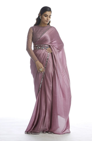 Vvani By Vani Vats-Old Rose Satin Chiffon Saree-INDIASPOPUP.COM