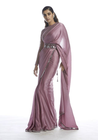 Vvani By Vani Vats-Old Rose Satin Chiffon Saree-INDIASPOPUP.COM