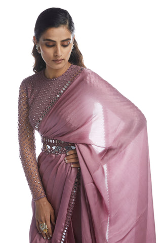 Vvani By Vani Vats-Old Rose Satin Chiffon Saree-INDIASPOPUP.COM