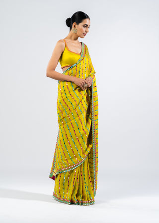 Vvani By Vani Vats-Moss Green Mirror Pre-Draped Sari With Blouse-INDIASPOPUP.COM