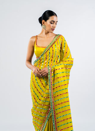 Vvani By Vani Vats-Moss Green Mirror Pre-Draped Sari With Blouse-INDIASPOPUP.COM