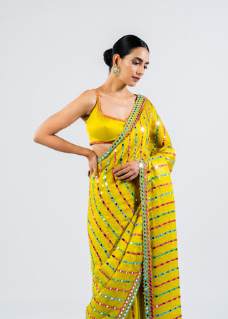 Vvani By Vani Vats-Moss Green Mirror Pre-Draped Sari With Blouse-INDIASPOPUP.COM