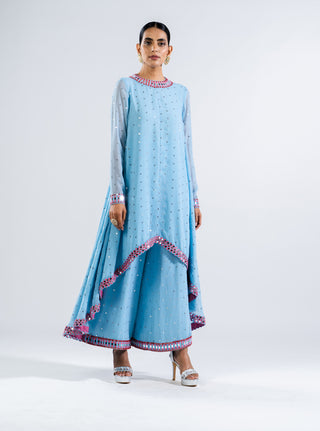 Vvani By Vani Vats-Ice Blue Asymmetrical Kurta Set-INDIASPOPUP.COM