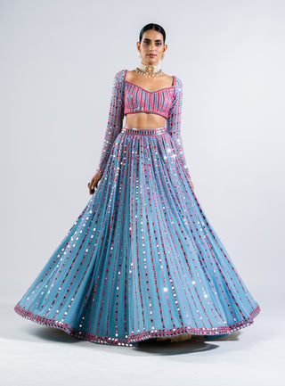 Vvani By Vani Vats-Ice Blue Linear Drop Lehenga Set-INDIASPOPUP.COM