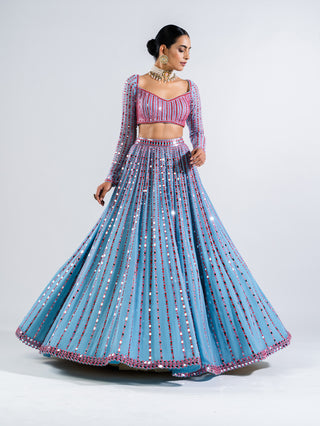 Vvani By Vani Vats-Ice Blue Linear Drop Lehenga Set-INDIASPOPUP.COM