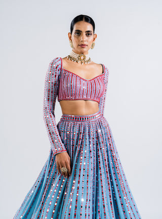 Vvani By Vani Vats-Ice Blue Linear Drop Lehenga Set-INDIASPOPUP.COM