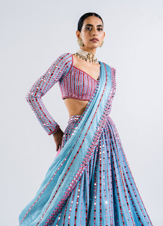 Vvani By Vani Vats-Ice Blue Linear Drop Lehenga Set-INDIASPOPUP.COM