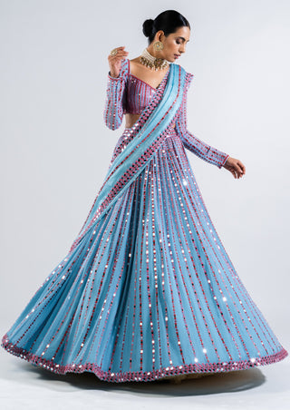 Vvani By Vani Vats-Ice Blue Linear Drop Lehenga Set-INDIASPOPUP.COM