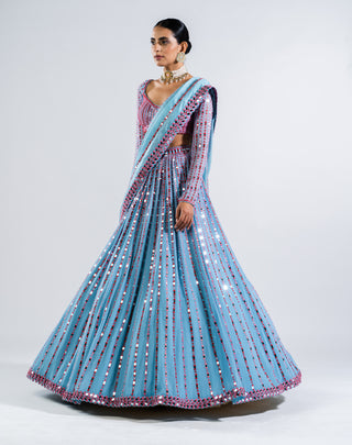 Vvani By Vani Vats-Ice Blue Linear Drop Lehenga Set-INDIASPOPUP.COM