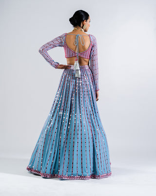 Vvani By Vani Vats-Ice Blue Linear Drop Lehenga Set-INDIASPOPUP.COM