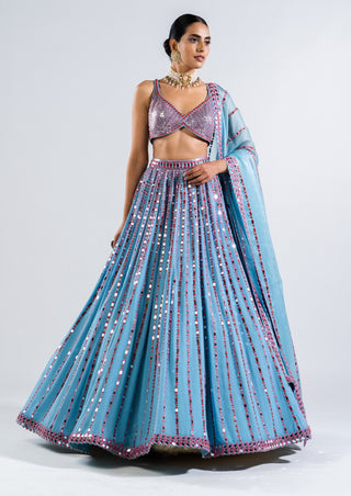 Vvani By Vani Vats-Ice Blue Mirror Linear Drop Lehenga Set-INDIASPOPUP.COM