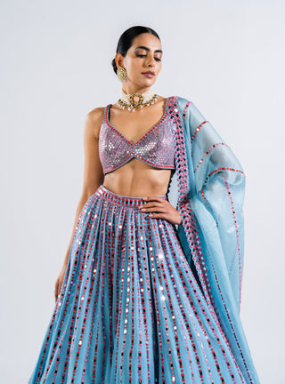 Vvani By Vani Vats-Ice Blue Mirror Linear Drop Lehenga Set-INDIASPOPUP.COM