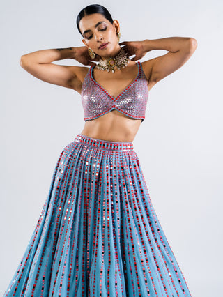 Vvani By Vani Vats-Ice Blue Mirror Linear Drop Lehenga Set-INDIASPOPUP.COM