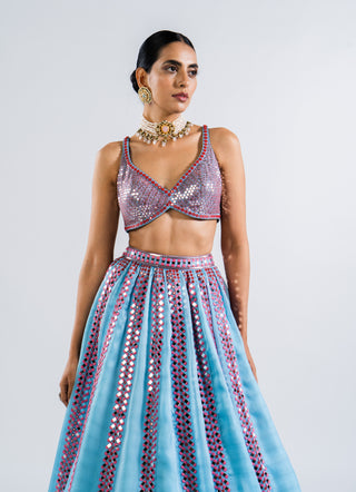 Vvani By Vani Vats-Ice Blue Mirror Lehenga Set-INDIASPOPUP.COM