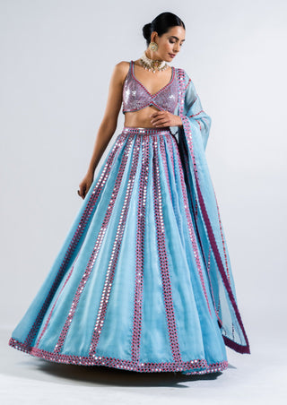 Vvani By Vani Vats-Ice Blue Mirror Lehenga Set-INDIASPOPUP.COM