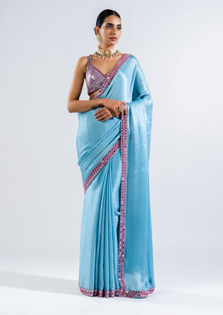 Vvani By Vani Vats-Ice Blue Sari With Metallic Blouse-INDIASPOPUP.COM