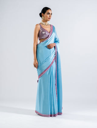 Vvani By Vani Vats-Ice Blue Sari With Metallic Blouse-INDIASPOPUP.COM