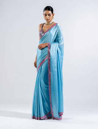 Vvani By Vani Vats-Ice Blue Sari With Metallic Blouse-INDIASPOPUP.COM