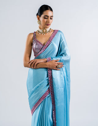 Vvani By Vani Vats-Ice Blue Sari With Metallic Blouse-INDIASPOPUP.COM