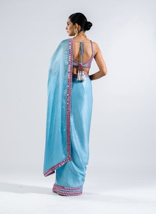 Vvani By Vani Vats-Ice Blue Sari With Metallic Blouse-INDIASPOPUP.COM