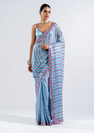 Vvani By Vani Vats-Ice Blue Mirror Pre-Draped Sari With Blouse-INDIASPOPUP.COM