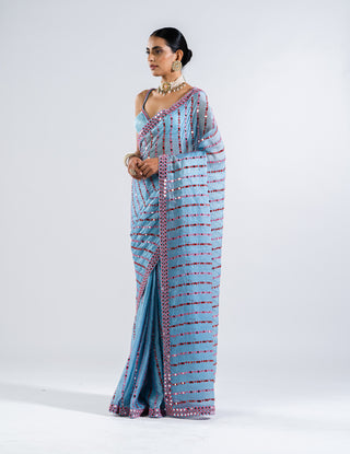 Vvani By Vani Vats-Ice Blue Mirror Pre-Draped Sari With Blouse-INDIASPOPUP.COM